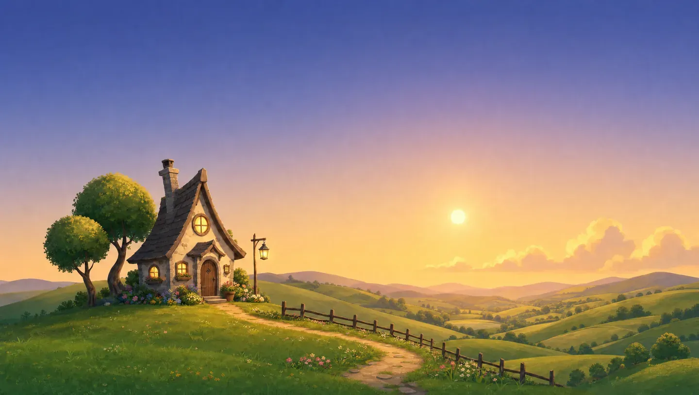 A quiet evening over a little house on a hill
