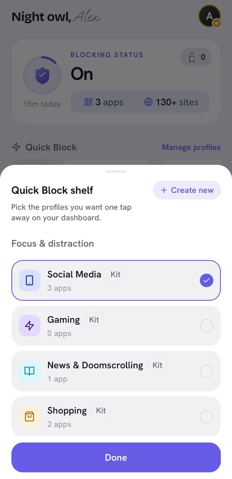 Appcognito Quick Block screen