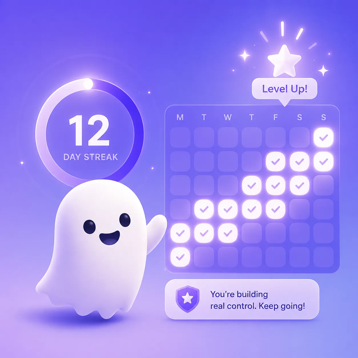 Aurith, the Appcognito mascot, next to a streak tracker showing focused days climbing and a level-up spark.
