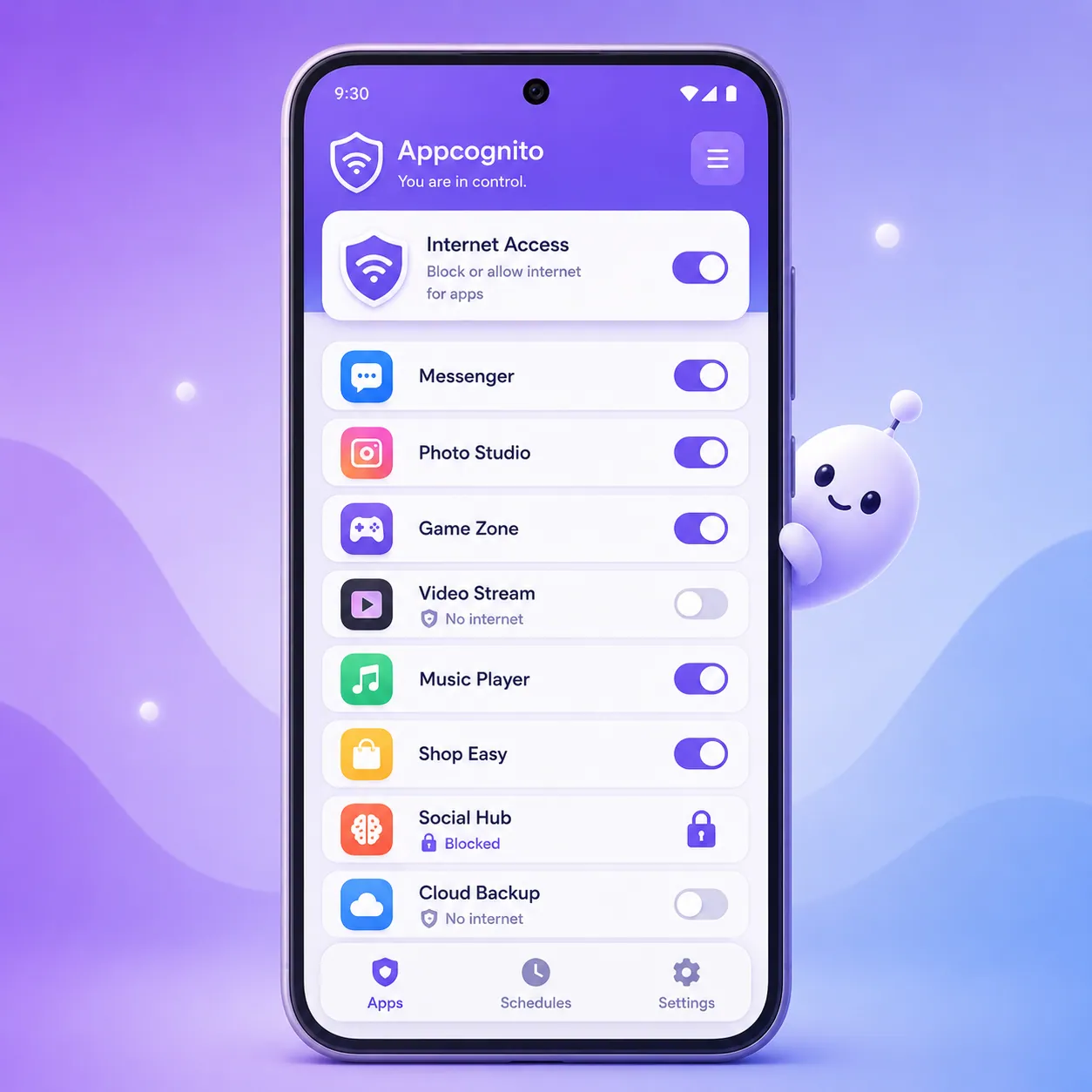 The Appcognito app screen showing a list of apps with toggles, some cut off from the internet and one blocked with a padlock.