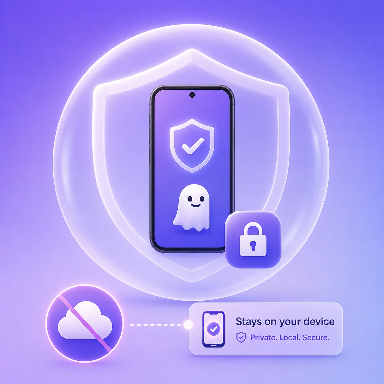 A phone protected by a shield and padlock with a no-cloud symbol, representing on-device privacy and an accountability lock.