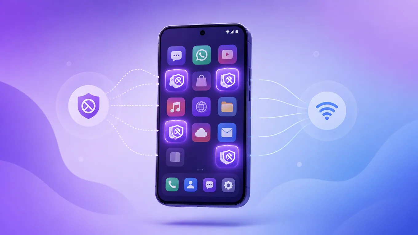 An Android phone where some app tiles are cut off from the internet by a shield while the rest stay connected, showing per-app internet blocking.
