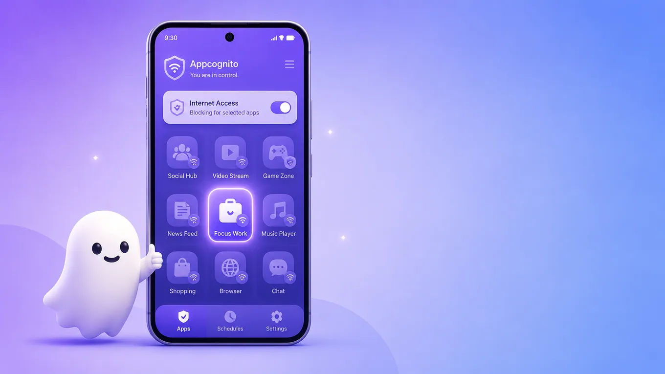An Android phone with distracting apps dimmed and offline and one focused app glowing, with Aurith giving a thumbs up.