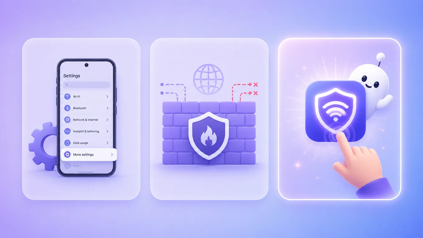 Three ways to block internet on Android compared side by side: built-in settings, a firewall app, and the Appcognito internet blocker.