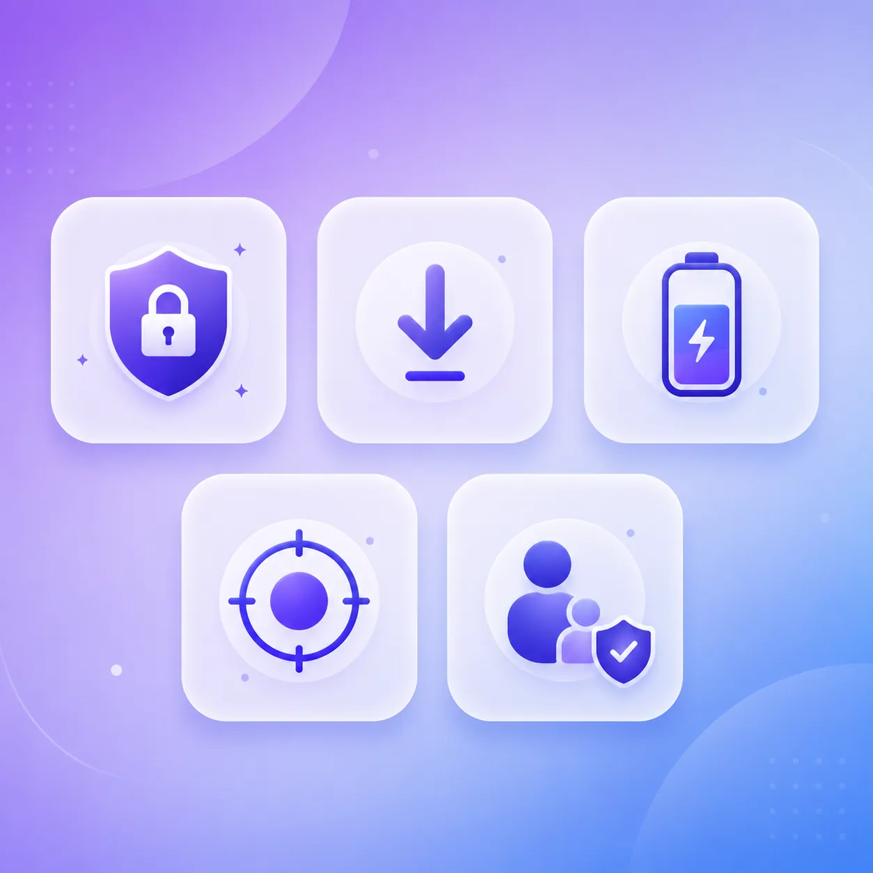 Five icons representing the benefits of blocking app internet access: privacy, less data, battery life, focus and parental control.