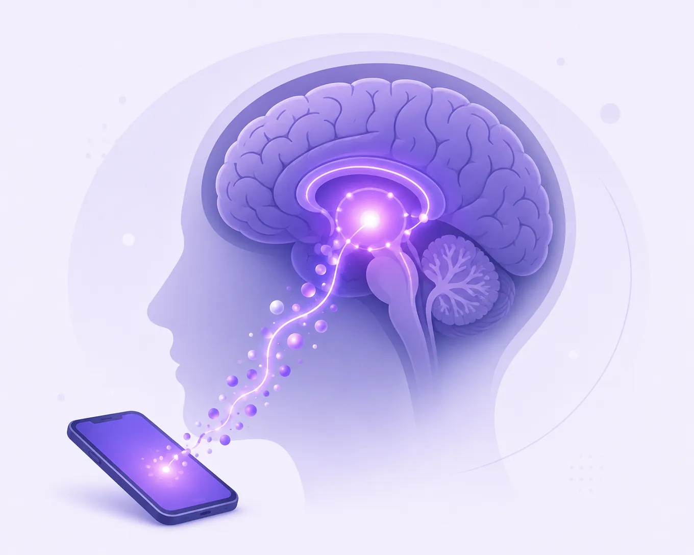 Illustration of the brain's reward pathway lighting up, with dopamine signals flowing from a phone screen to the reward centre.