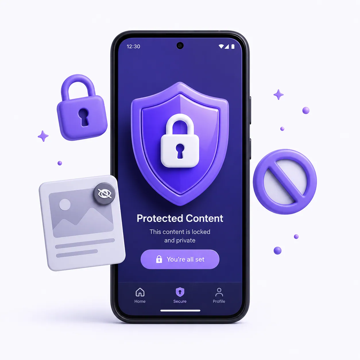 Appcognito parental controls on an Android phone, with adult content and apps blocked and locked behind a parent code.
