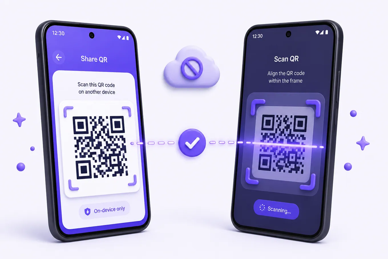 Two phones side by side: one showing a QR code, the other scanning it to link them, with no server in between.